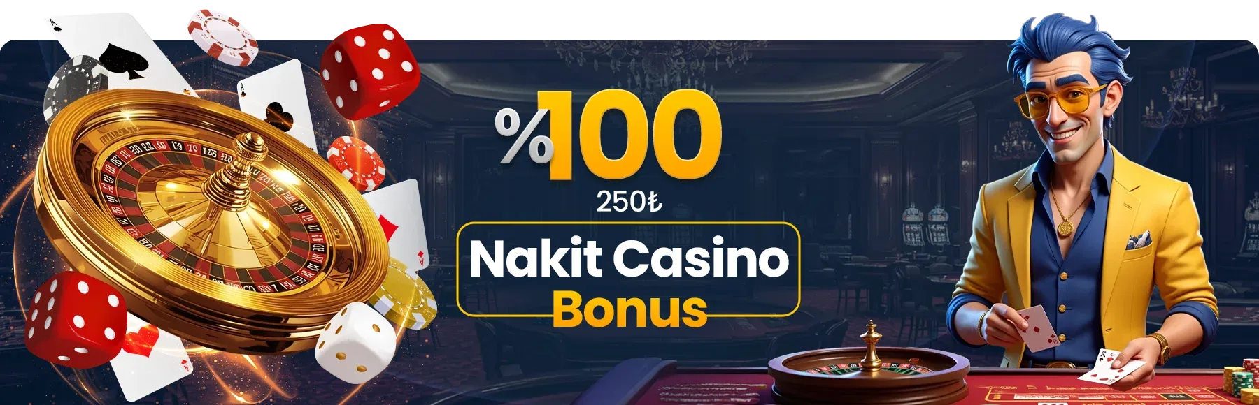 %100 Nakit Casino Bonusu - Rulet çarkı, zarlar ve FenomenBet karakteriyle promosyon görseli