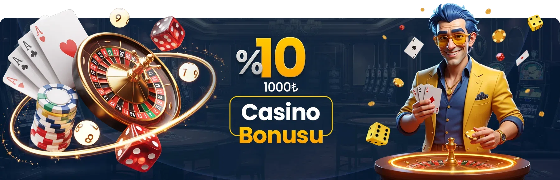 %10 Casino Bonusu - Rulet masası, iskambil kartları ve renkli casino fişleriyle online casino promosyon görseli