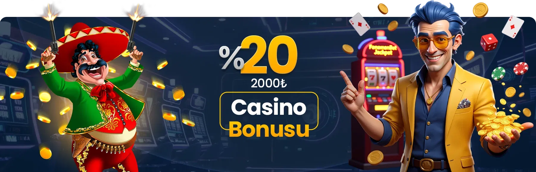 %20 Casino Bonusu - Slot makineleri, altın paralar ve karakterlerle promosyon görseli