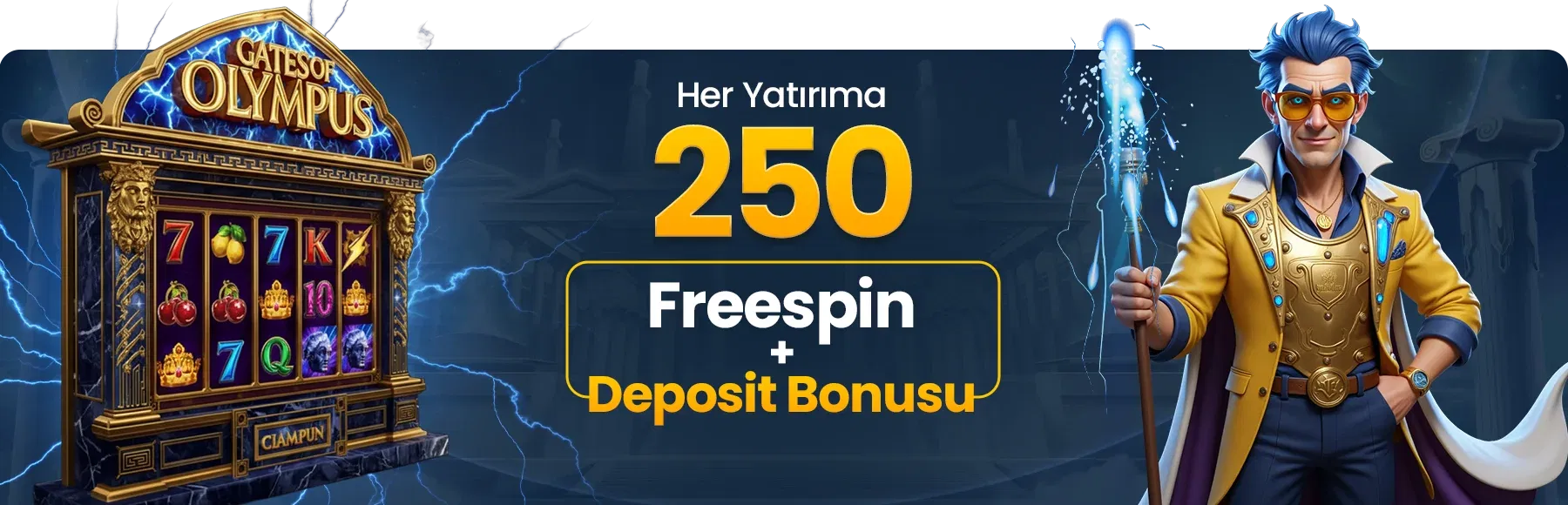 250 Freespin ve Deposit Bonusu - Gates of Olympus slot makinesi ve FenomenBet karakteriyle promosyon görseli