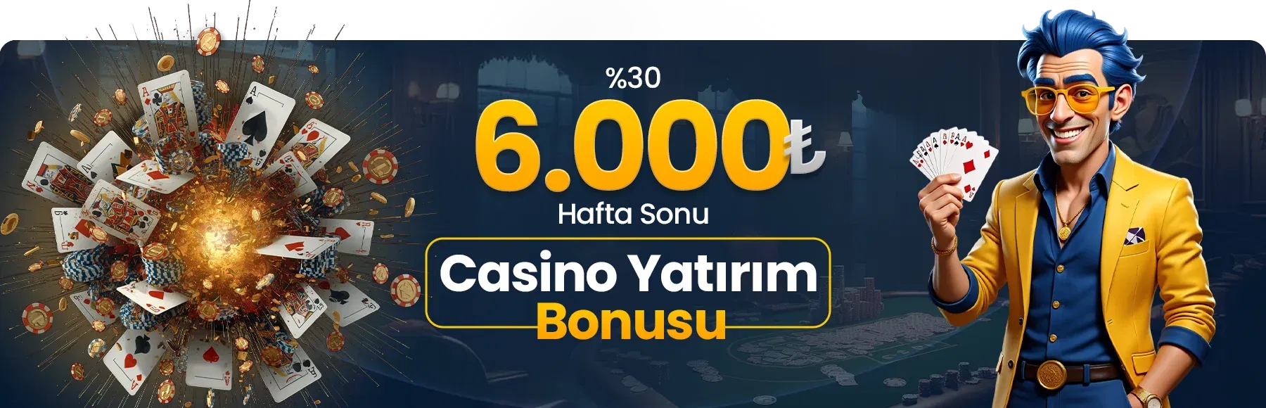 %30 6000 TL Casino Yatırım Bonusu - İskambil kartları, fişler ve FenomenBet karakteriyle promosyon görseli