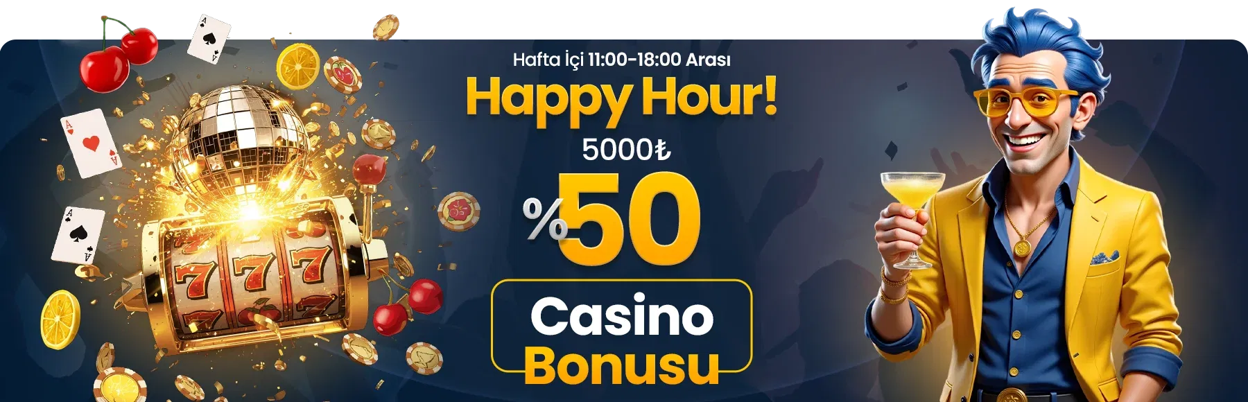 %50 5000 TL Happy Hour Casino Bonusu - FenomenBet karakteri, kokteyl bardağı, slot makinesi ve 777 simgesiyle promosyon görseli