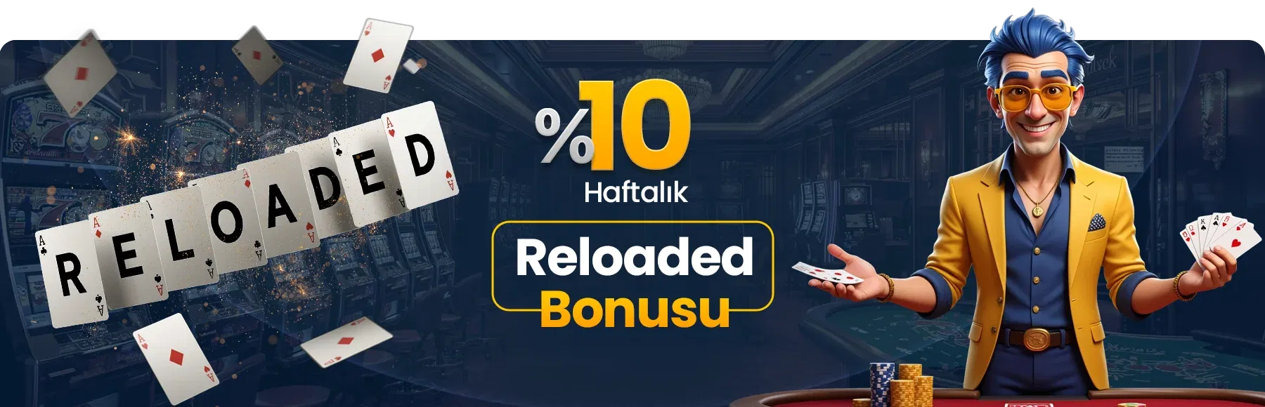 %10 Haftalık Reloaded Bonusu - Oyun kartları, slot makineleri ve casino masasında promosyon görseli