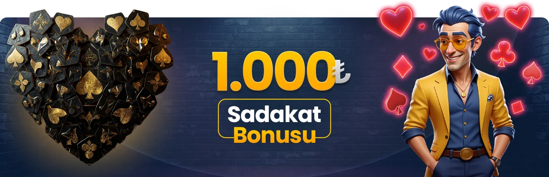 1.000 TL sadakat bonusu görseli - FenomenBet karakteri, iskambil kartları kalp formu ve neon semboller